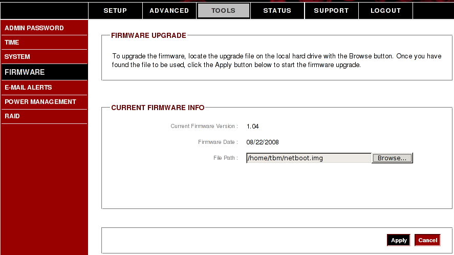 Firmware upgrade: selected the firmware image