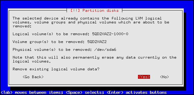 Debian installer: remove existing logical volume data